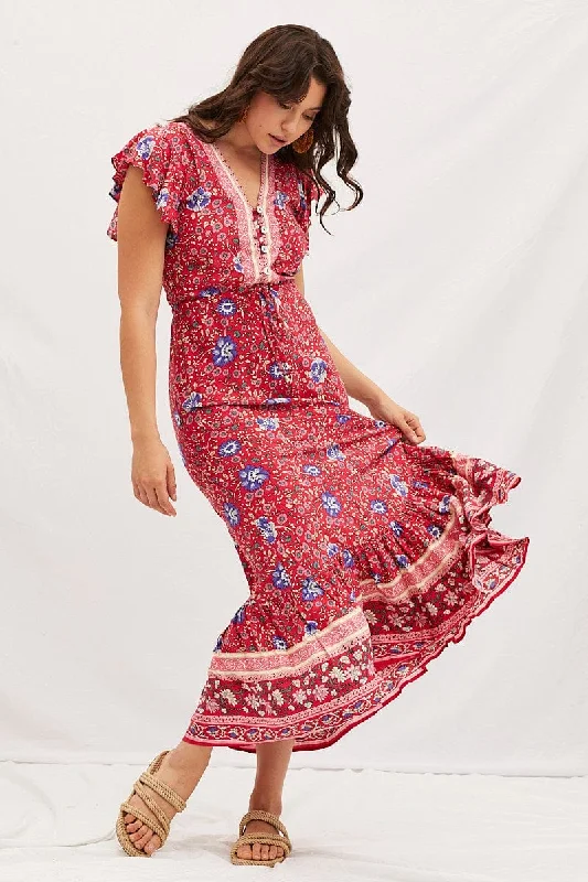 Boho Print V-Neck Short Sleeve Maxi Dress