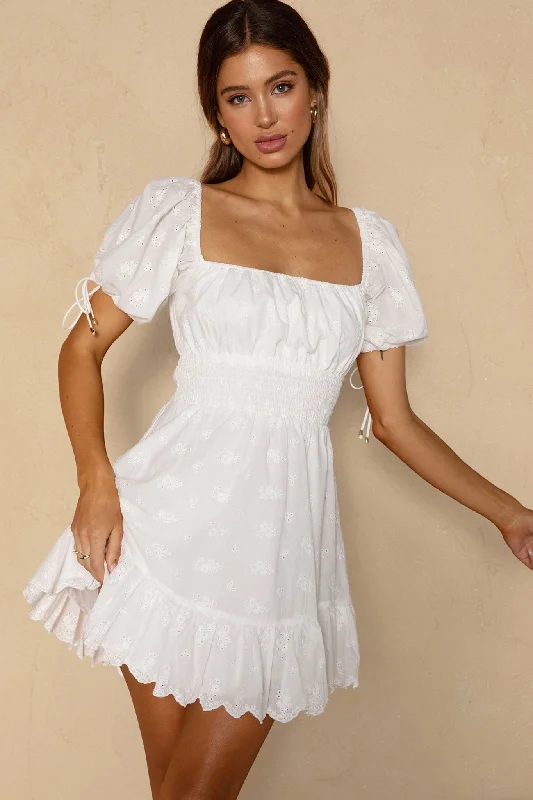 Sweet Devotion Puff Sleeve Shirred Waist Eyelet Mini Dress White