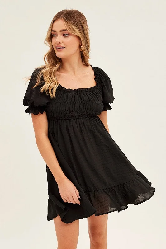 Black Gathered Bust Skater Dress