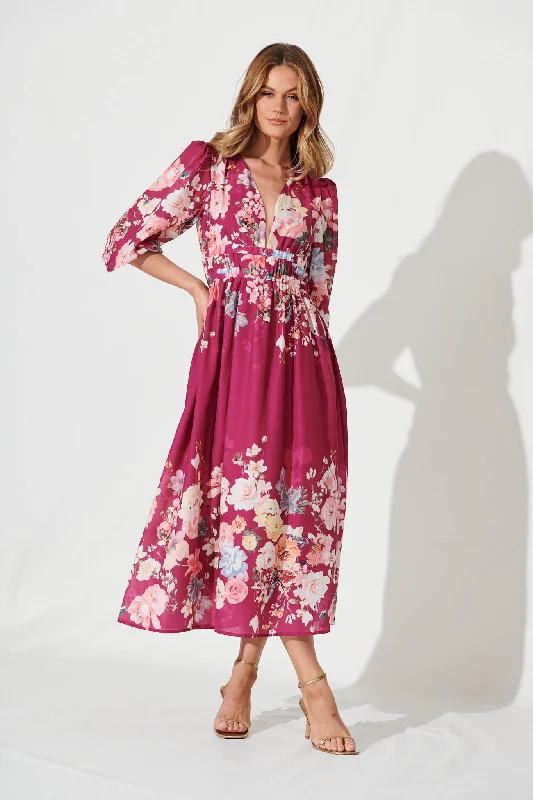 Camie Maxi Dress In Magenta With Blush Floral