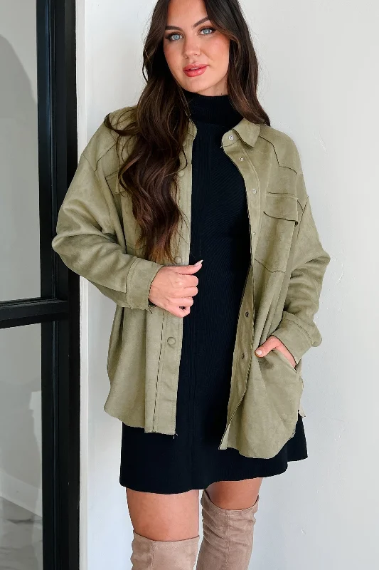 Heading To Town Oversized Faux Suede Shacket (Olive)