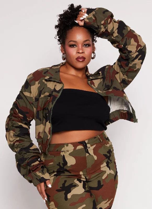 Plus Size Camouflage Ruched Sleeve Cargo Jacket