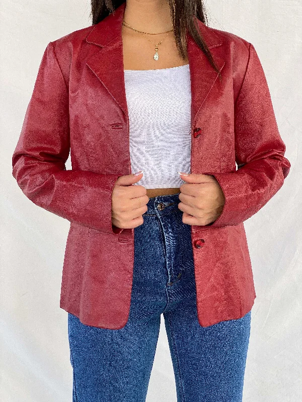 Snap Shot Genuine Red Leather Blazer Jacket