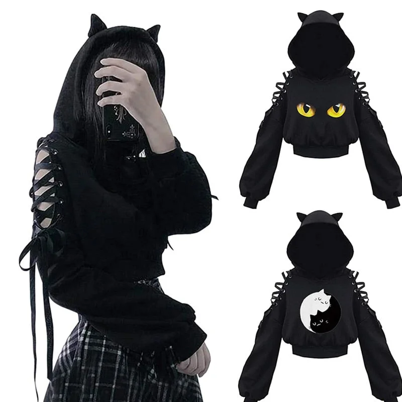 Women Long Sleeve Hoodies Kawaii Cat Ears Hoodie Gothic Punk Harajuku Cold Shouler Bandage