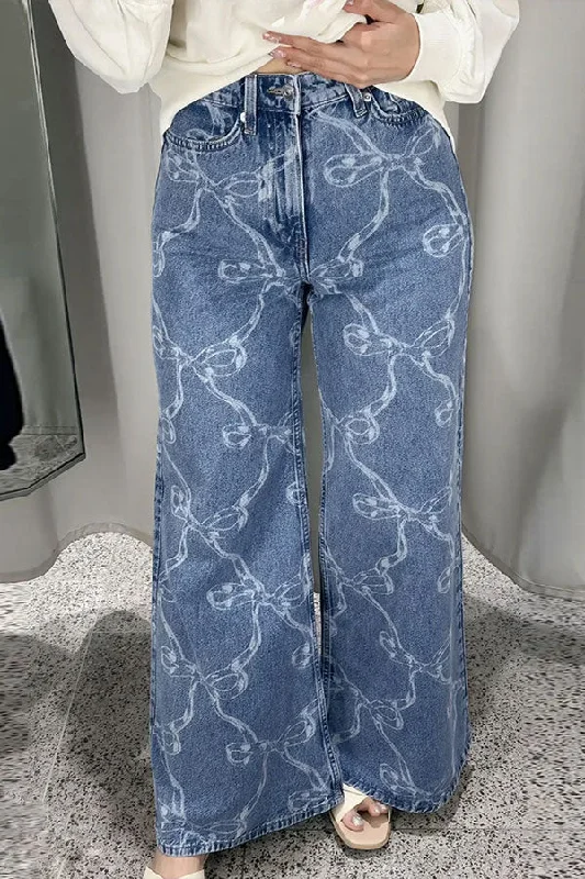 Washed Bowknot Print Cute Straight Jeans