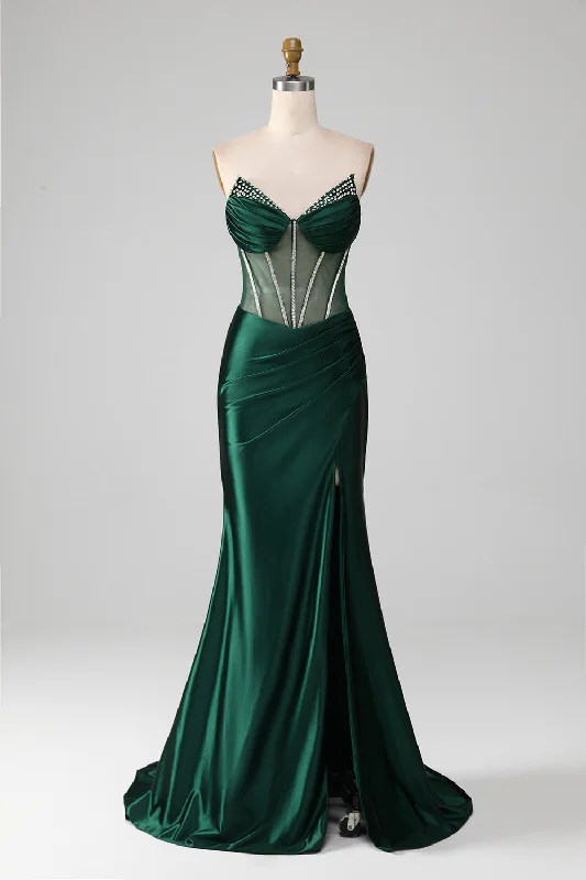 Mermaid Sweetheart Dark Green Corset Prom Dress with Split Front