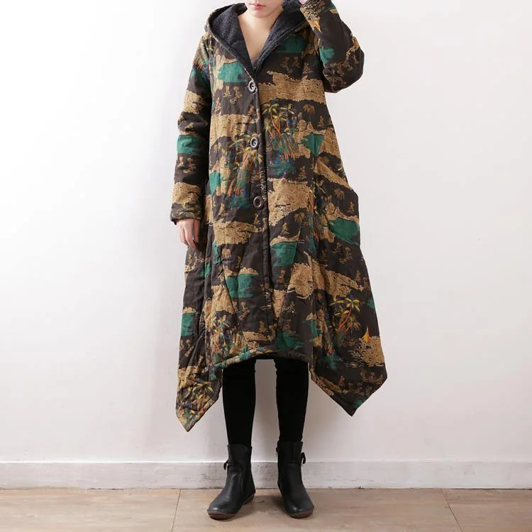 Casual floral cotton coat trendy plus size hooded pockets New asymmetric trench cotton coat